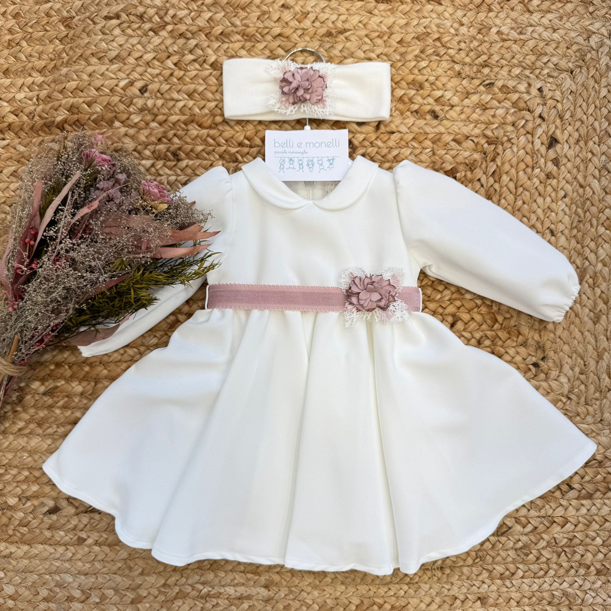 Abito battesimo bimba con cintura rosa e fascia coordinata