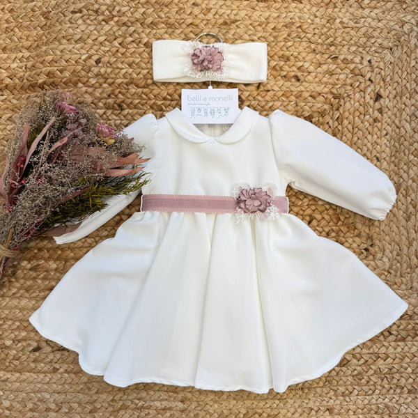 Abito battesimo bimba con cintura rosa e fascia coordinata