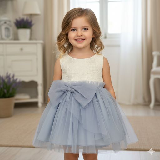 Abito elegante bimba in tulle azzurro con fiocco