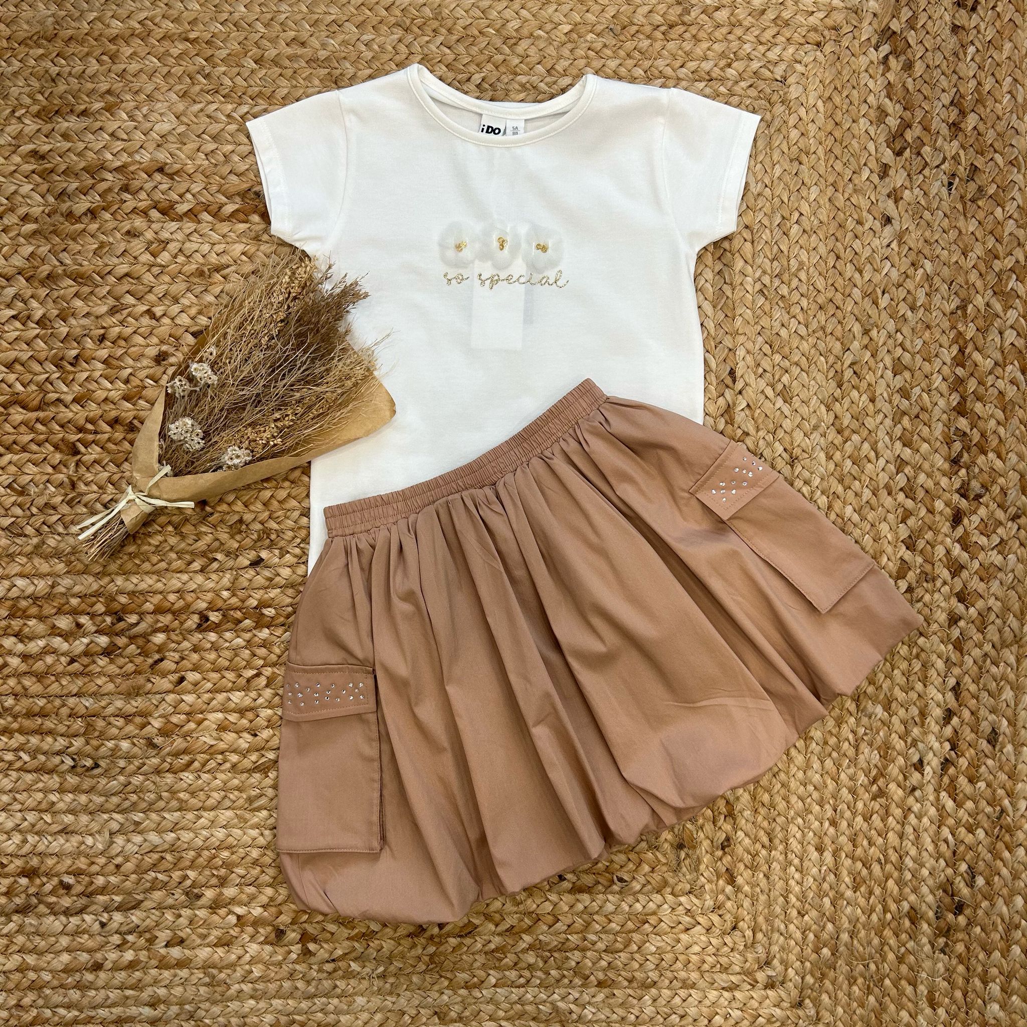 COMPLETO BAMBINA ESTIVO T-SHIRT "SO SPECIAL" E GONNA CAMMELLO CHIC