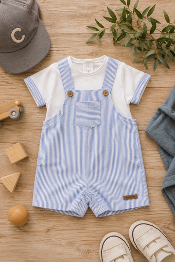 Salopette bimbo in cotone rigato azzurro con t-shirt coordinata