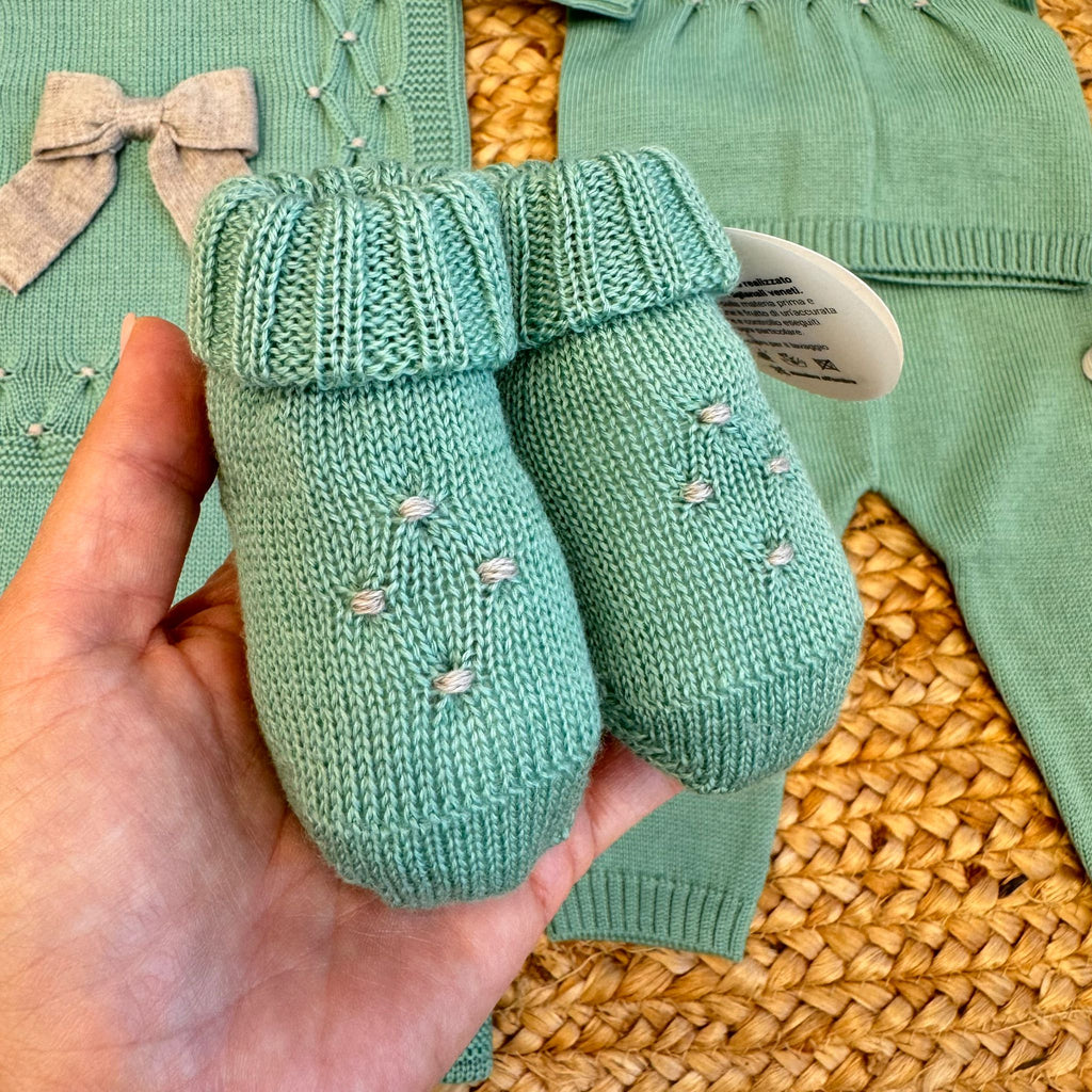 Coordinato verde foglia neonato/a in pura lana con fiocco tortora|USCITA CLINICA
