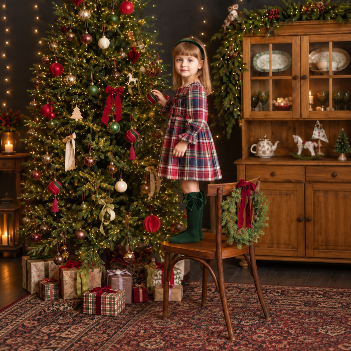 Abito bambina tartan in misto cotone con fiocchi