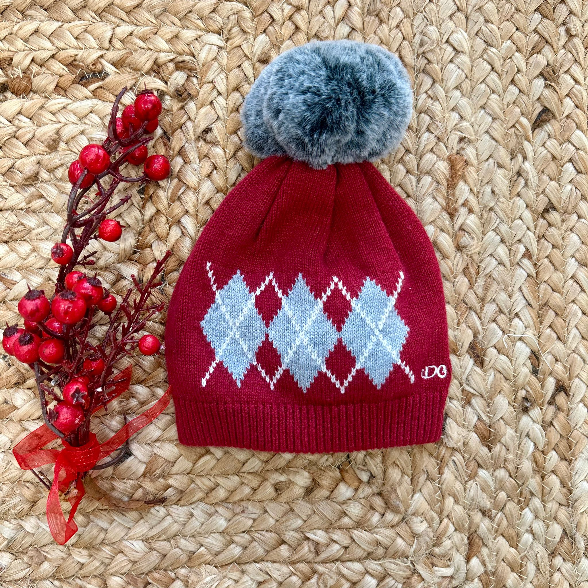 Cappellino bordeaux bimbo con pompon