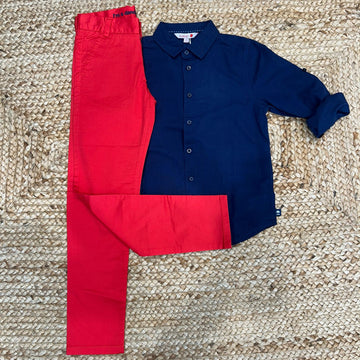 COMPLETO BAMBINO CAMICIA BLU E PANTALONE ROSSO FIRMATO BOBOLI
