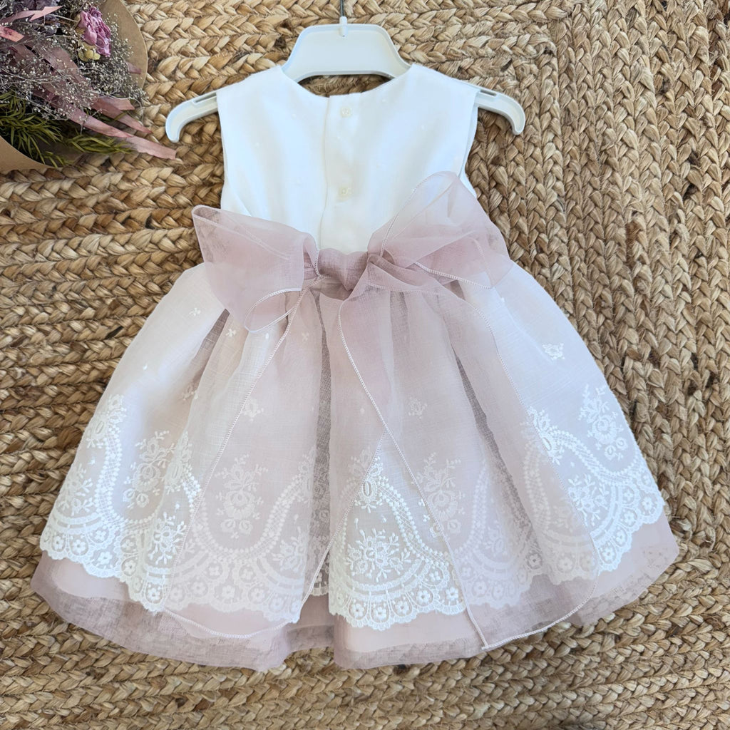 ABITO NEONATA RICAMATO CON CINTURA ROSA CIPRIA