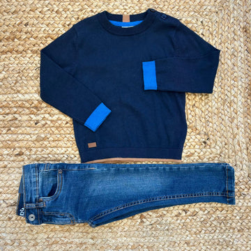 Completo bimbo blu con maglioncino e jeans
