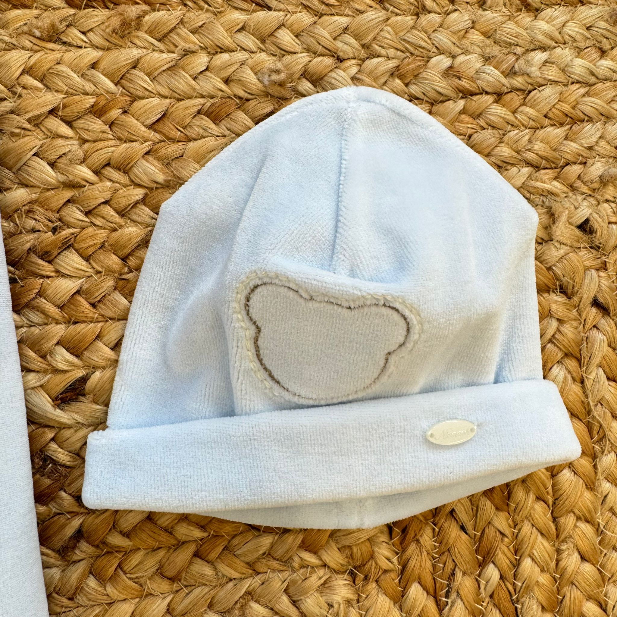 Uscita clinica neonato ciniglia celeste e beige con orsetto
