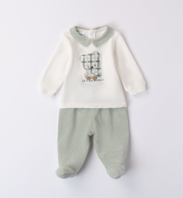 Tutina neonato caldo cotone con orsetto verde