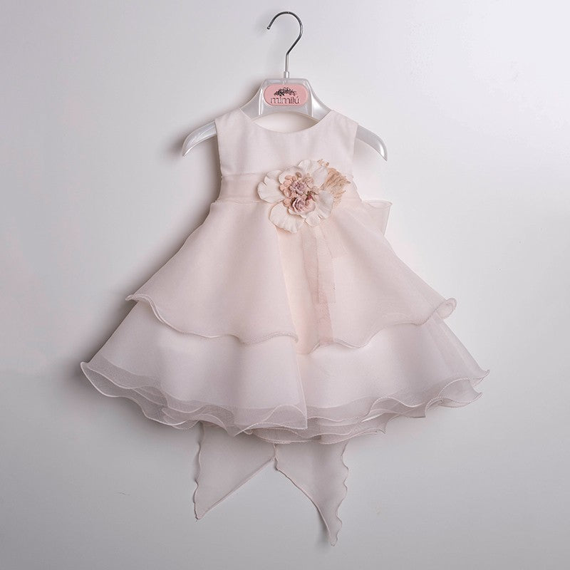 abito bimba, organza, doppia balza, fascia con fiore, colori rosa e bianco, moda bimba, vestiti cerimonia, abiti eleganti.