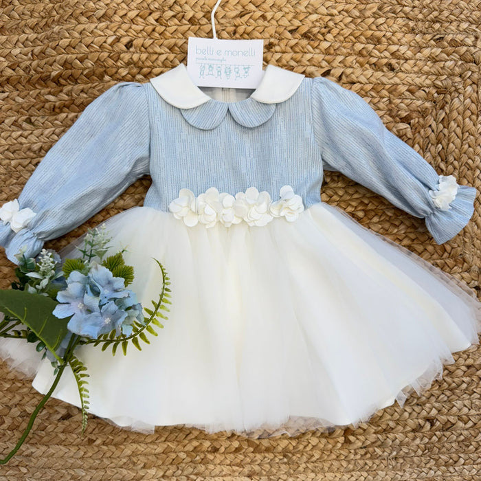 Abito battesimo bimba celeste e panna con fiori 3D