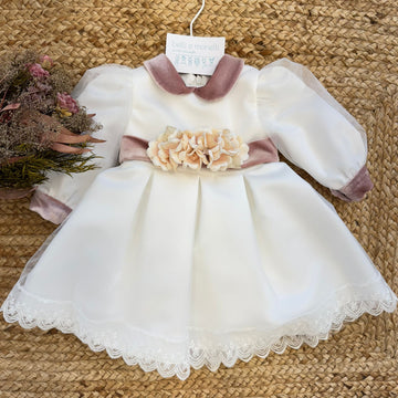 Abito battesimo bimba in raso con velluto e applicazione floreale