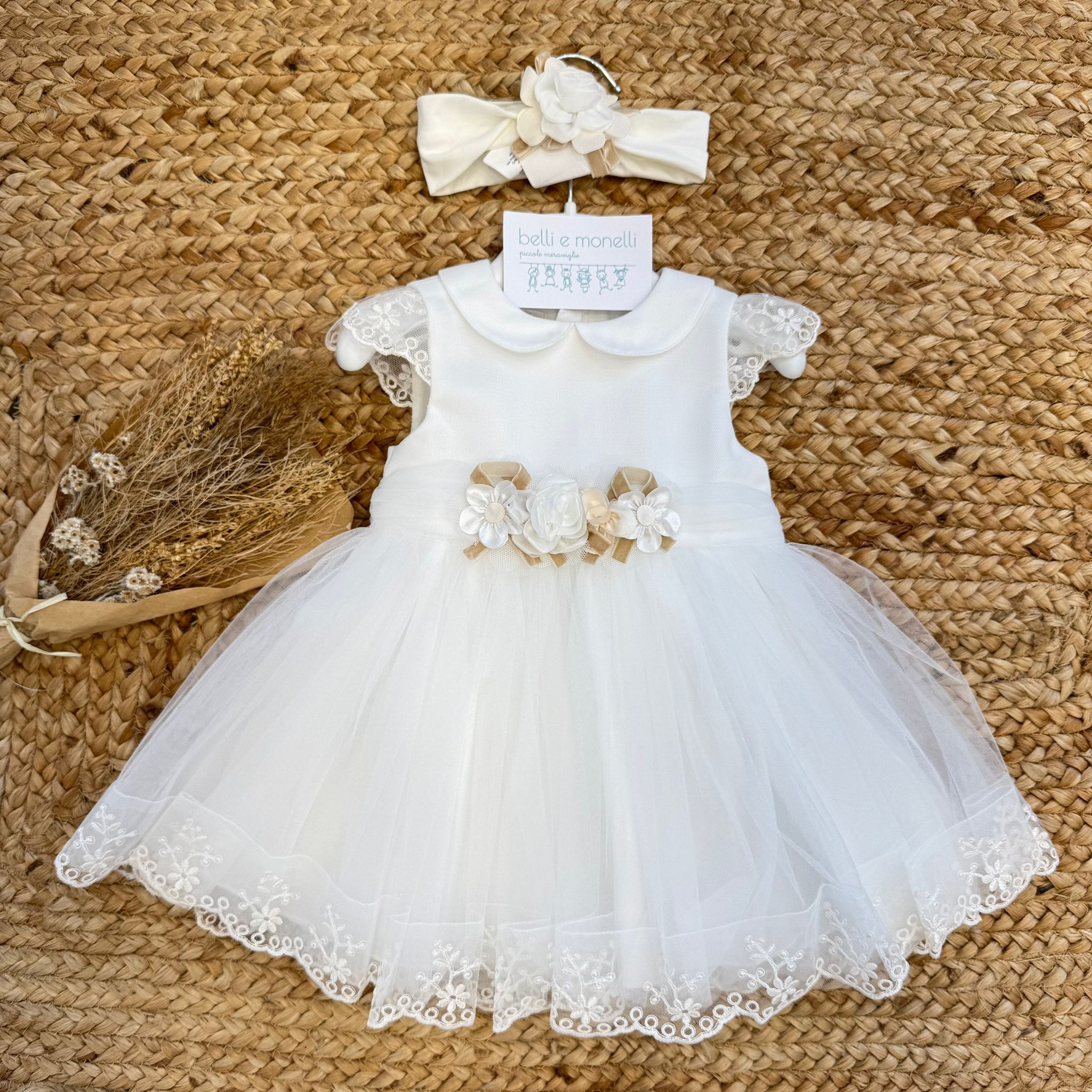 Abito battesimo bimba in tulle e pizzo con fascia coordinata