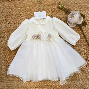 Abito battesimo neonata avorio con fiori applicati e gonna in organza