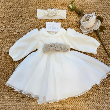 Abito battesimo neonata avorio con fiori tortora e fascia