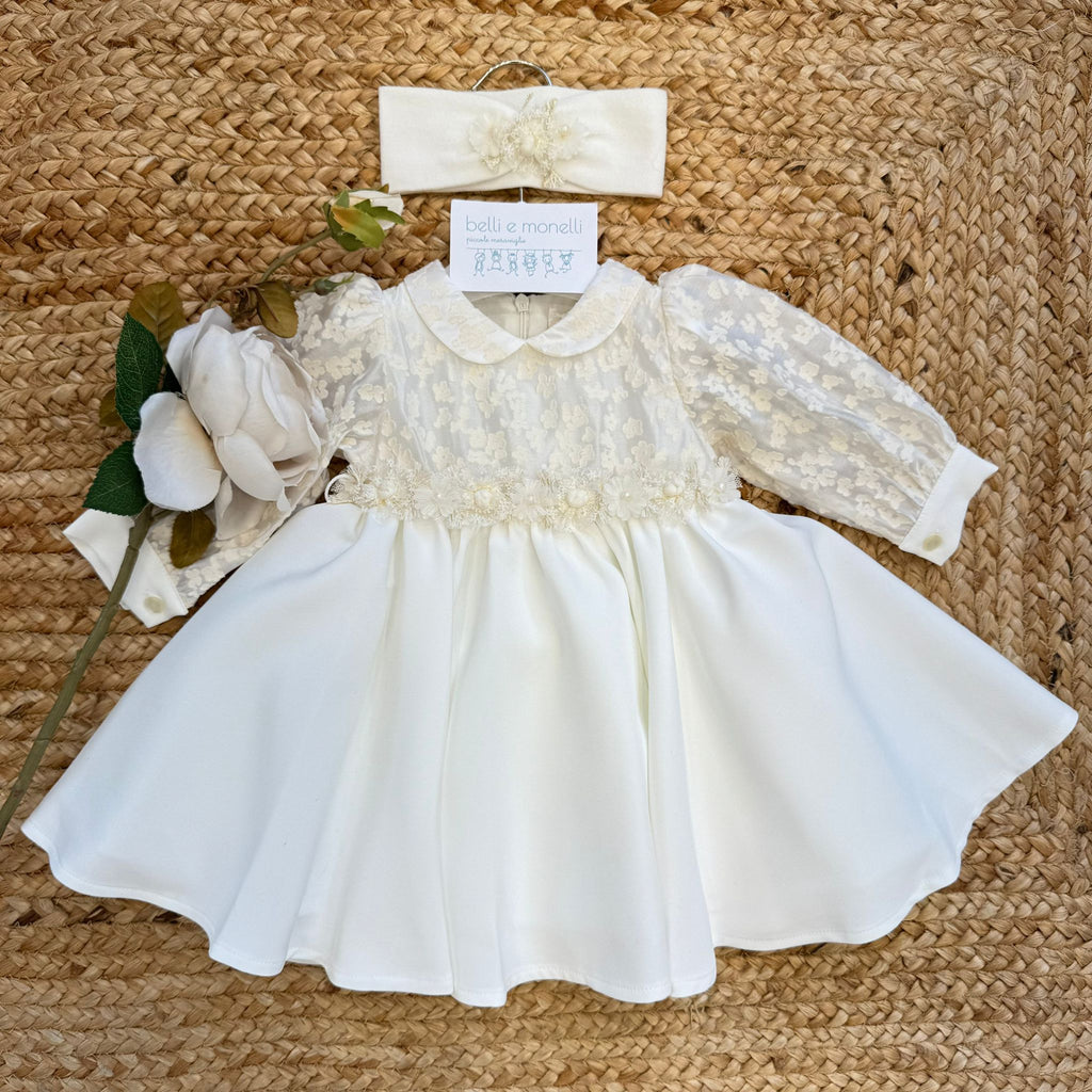 Abito battesimo neonata avorio con pizzo floreale e fascetta coordinata
