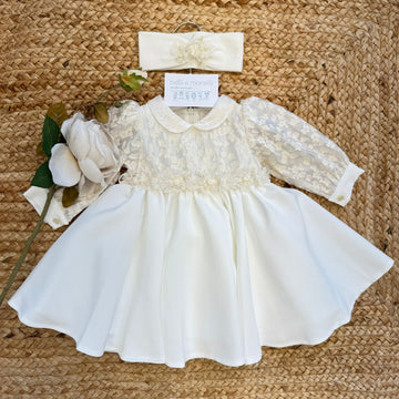 Abito battesimo neonata avorio con pizzo floreale e fascetta coordinata