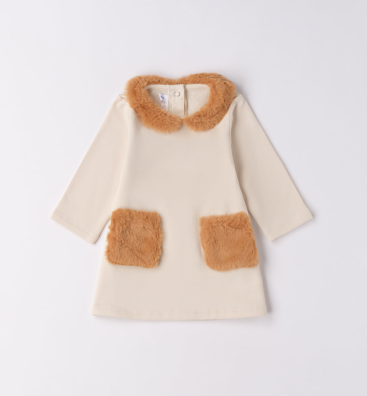 Abito beige neonata con colletto e taschine in pelliccia ecologica