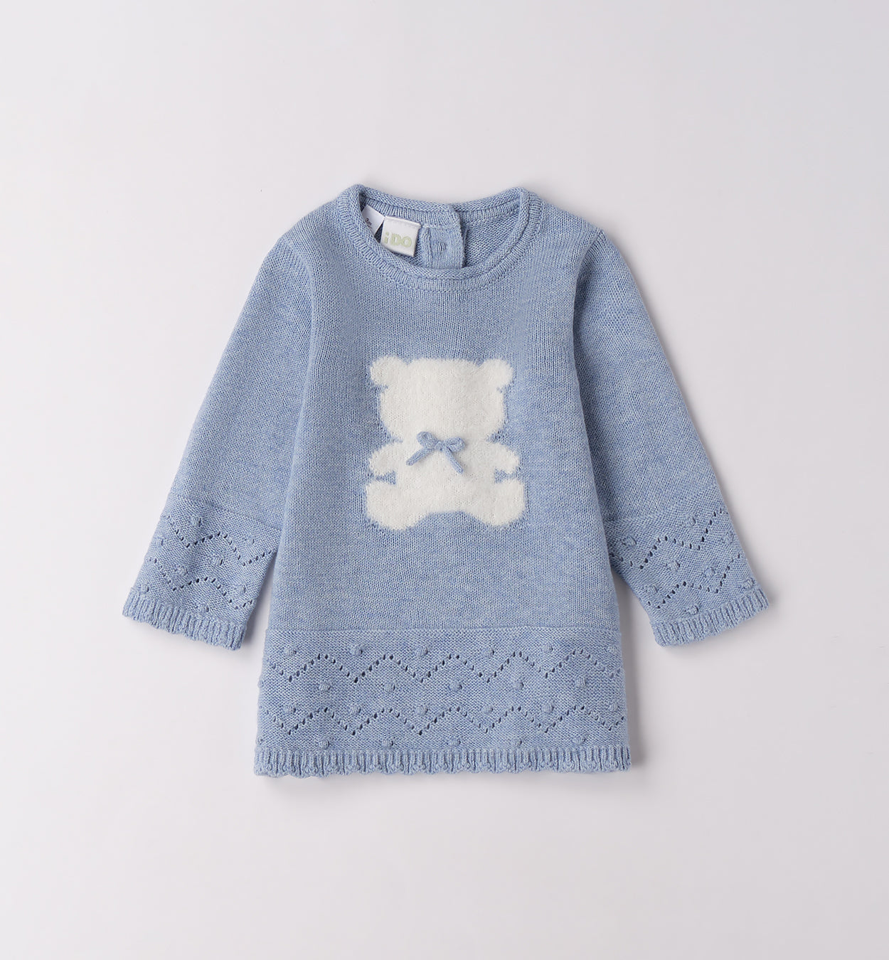 Abito bimba azzurro caldo cotone con orsetto bianco fronte