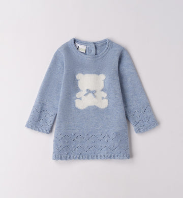 Abito bimba azzurro caldo cotone con orsetto bianco fronte