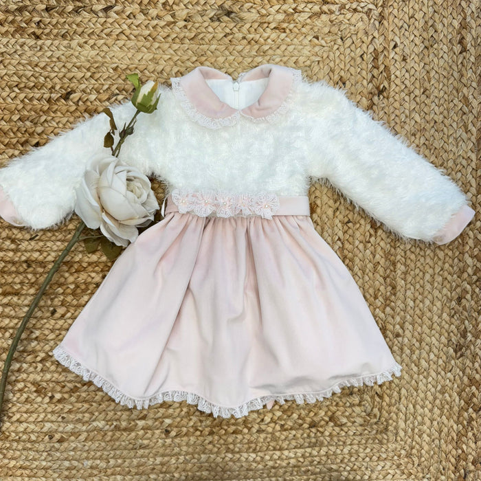 Abito bimba cerimonia con corpetto in pelliccia e gonna in velluto