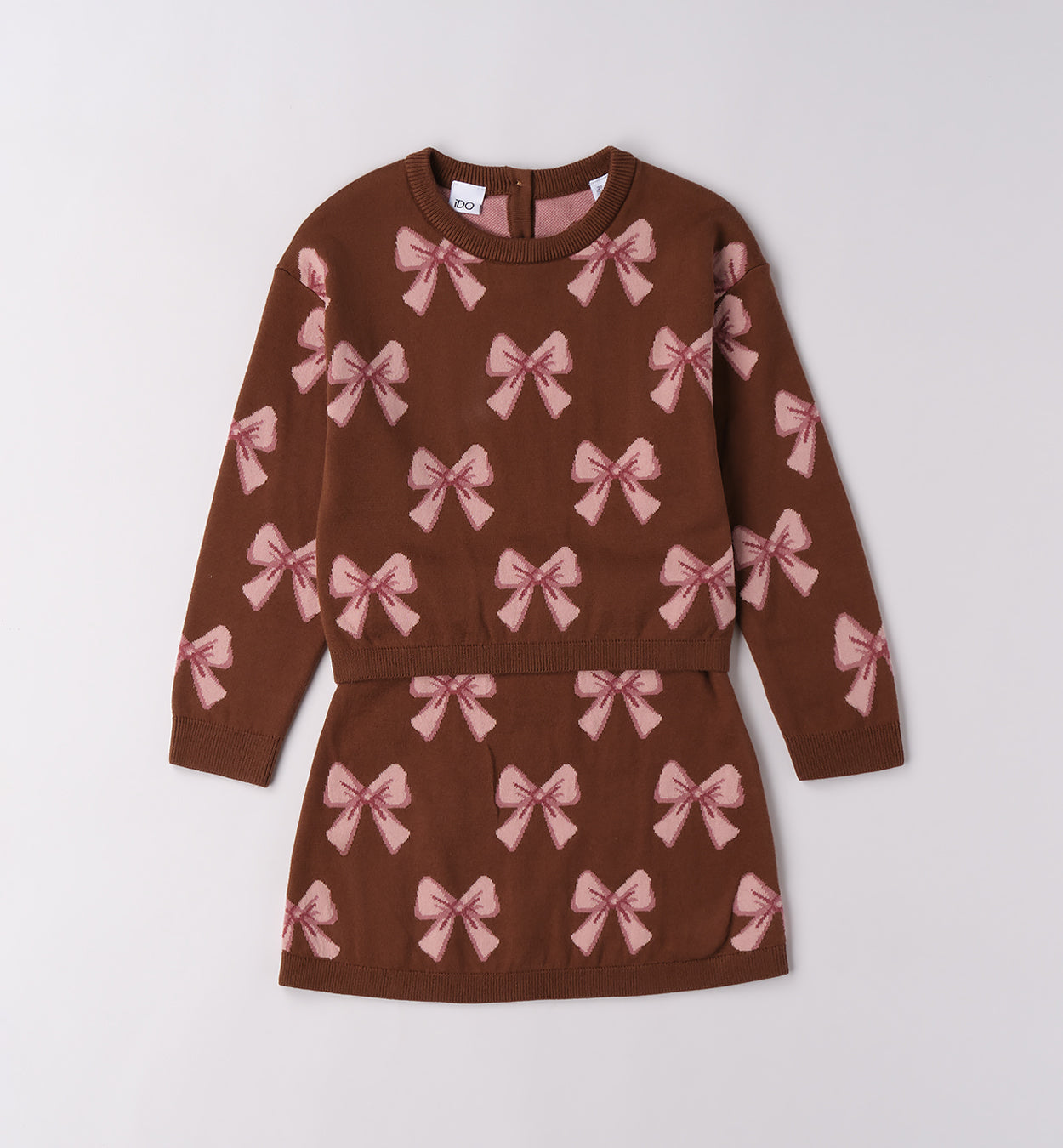 Abito bimba marrone caldo cotone con fiocchi rosa fronte