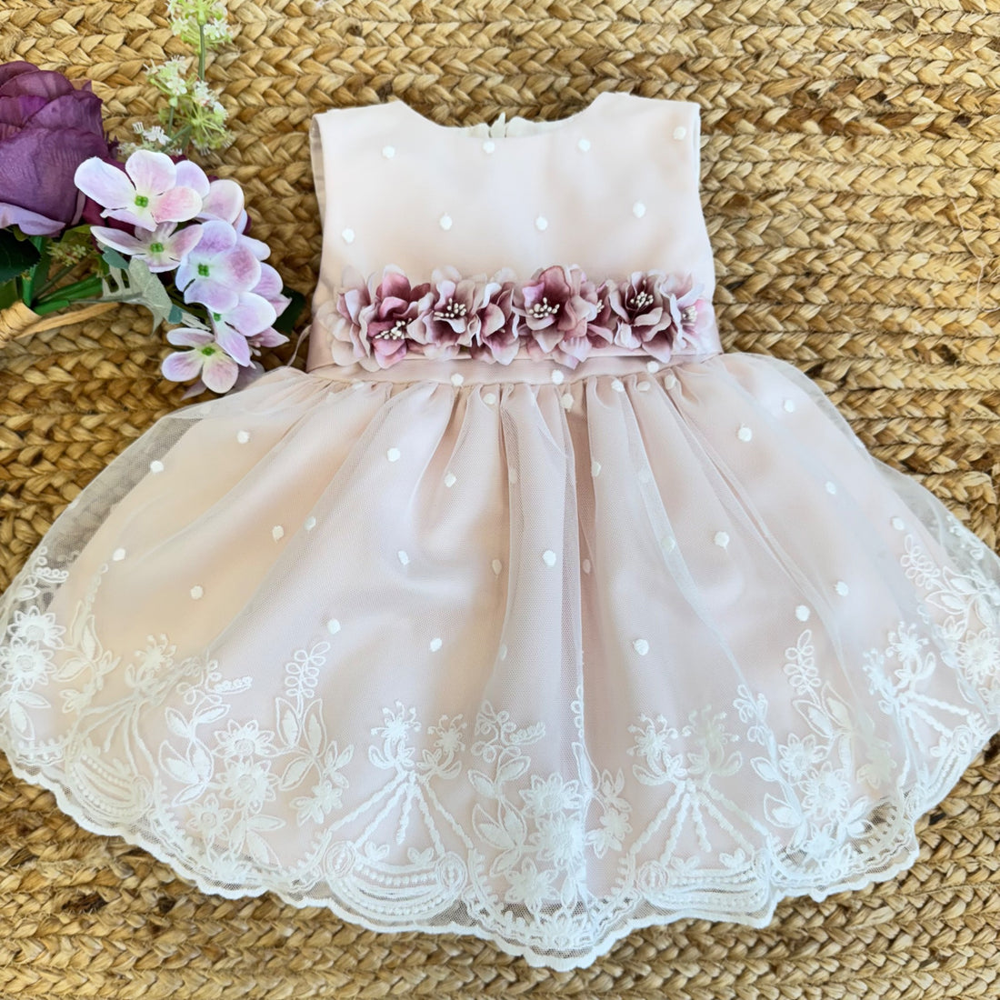 Abito da Battesimo bambina rosa in Mikado e tulle con fiori