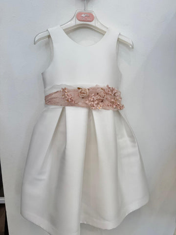 Abito damigella in mikado avorio con fascia floreale cipria