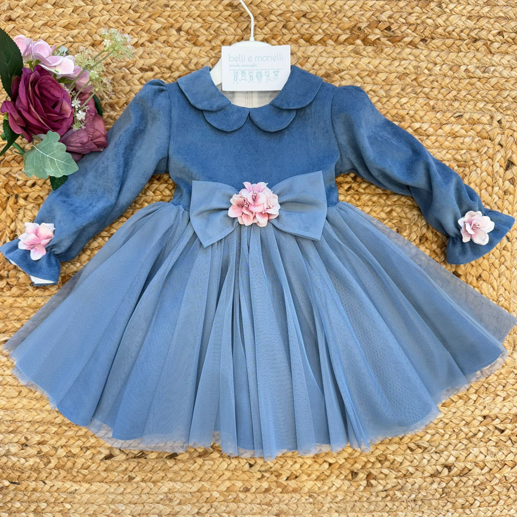Abito elegante azzurro polvere bambina con fiocco e fiori