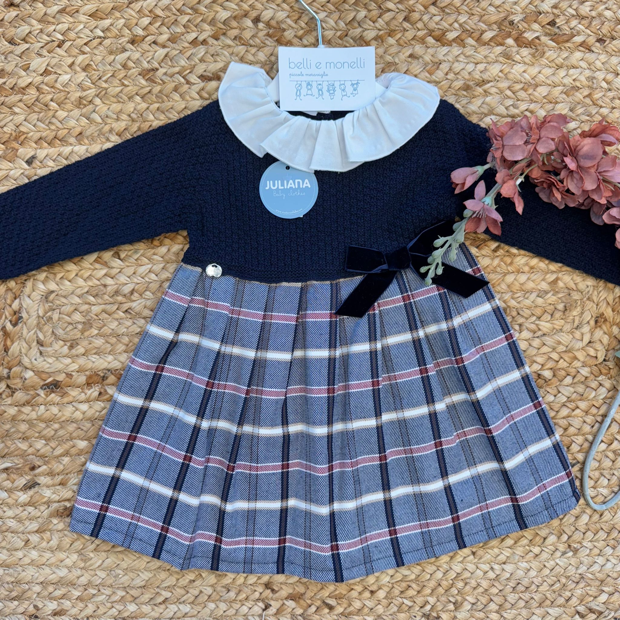 Abito elegante bambina blu con colletto bianco e fiocco velluto