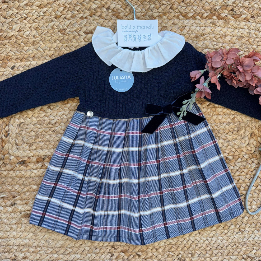 Abito elegante bambina blu con colletto bianco e fiocco velluto