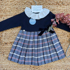 Abito elegante bambina blu con colletto bianco e fiocco velluto