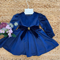 Abito elegante bambina in velluto blu con fiocco centrale