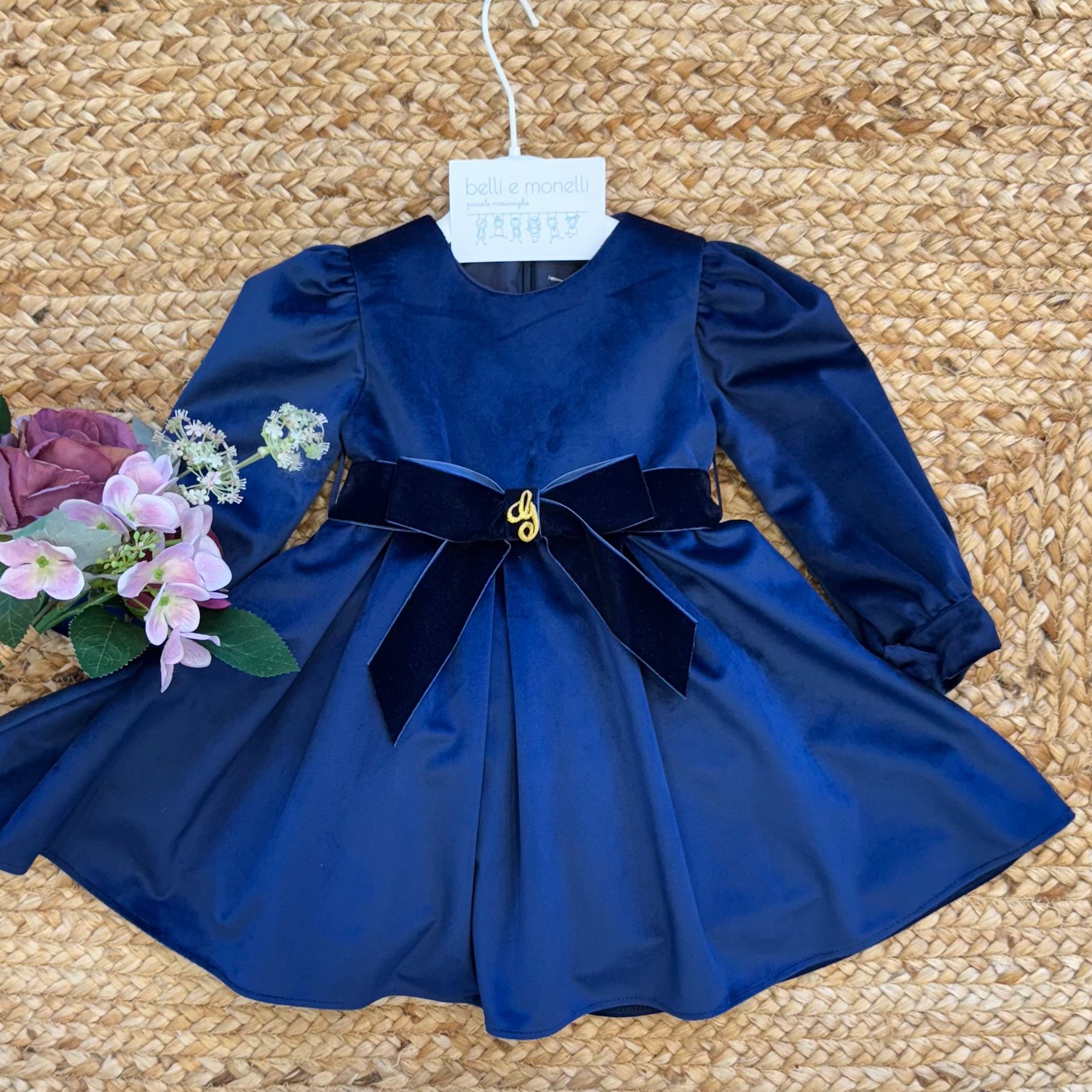 Abito elegante bambina in velluto blu con fiocco centrale