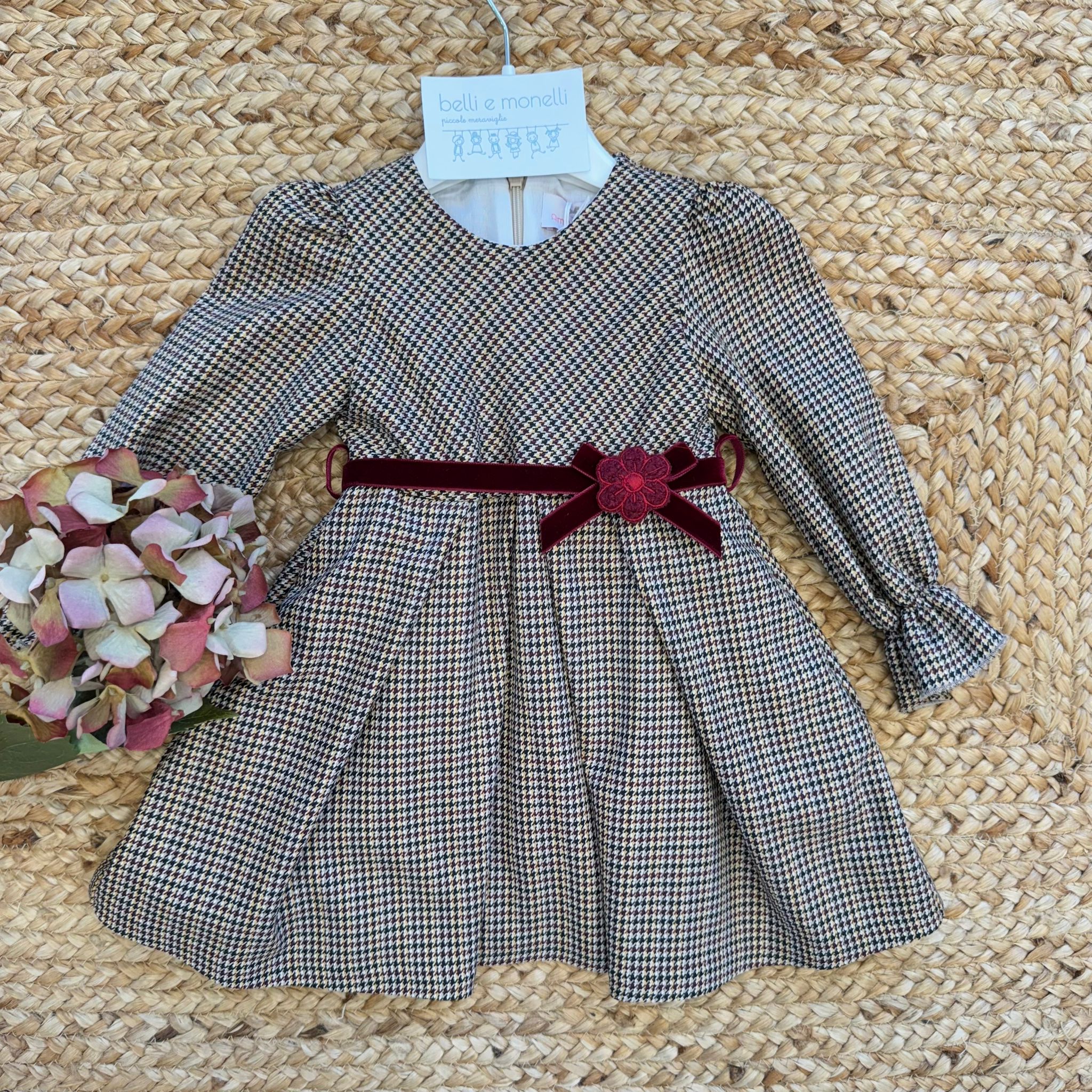 Abito pied de poule elegante per bambina con cintura velluto