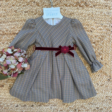 Abito pied de poule elegante per bambina con cintura velluto