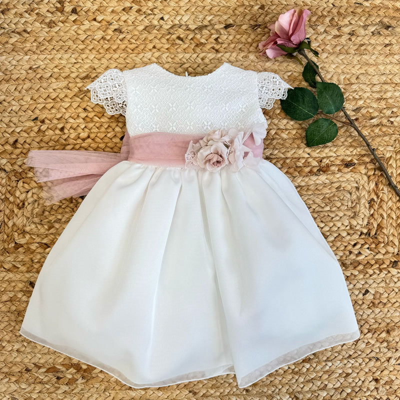 Abito da Battesimo bimba Mimilù bianco in pizzo e tulle con fiocco