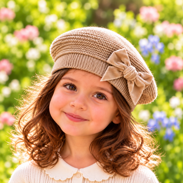 Basco bambina beige Condor con fiocco in velluto