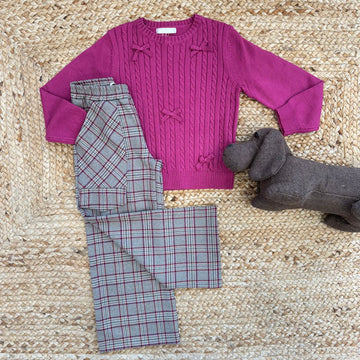 Completo bambina con maglia fucsia e pantaloni scozzesi