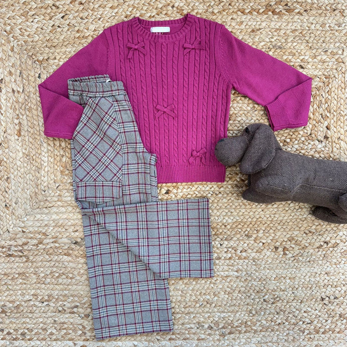 Completo bambina con maglia fucsia e pantaloni scozzesi