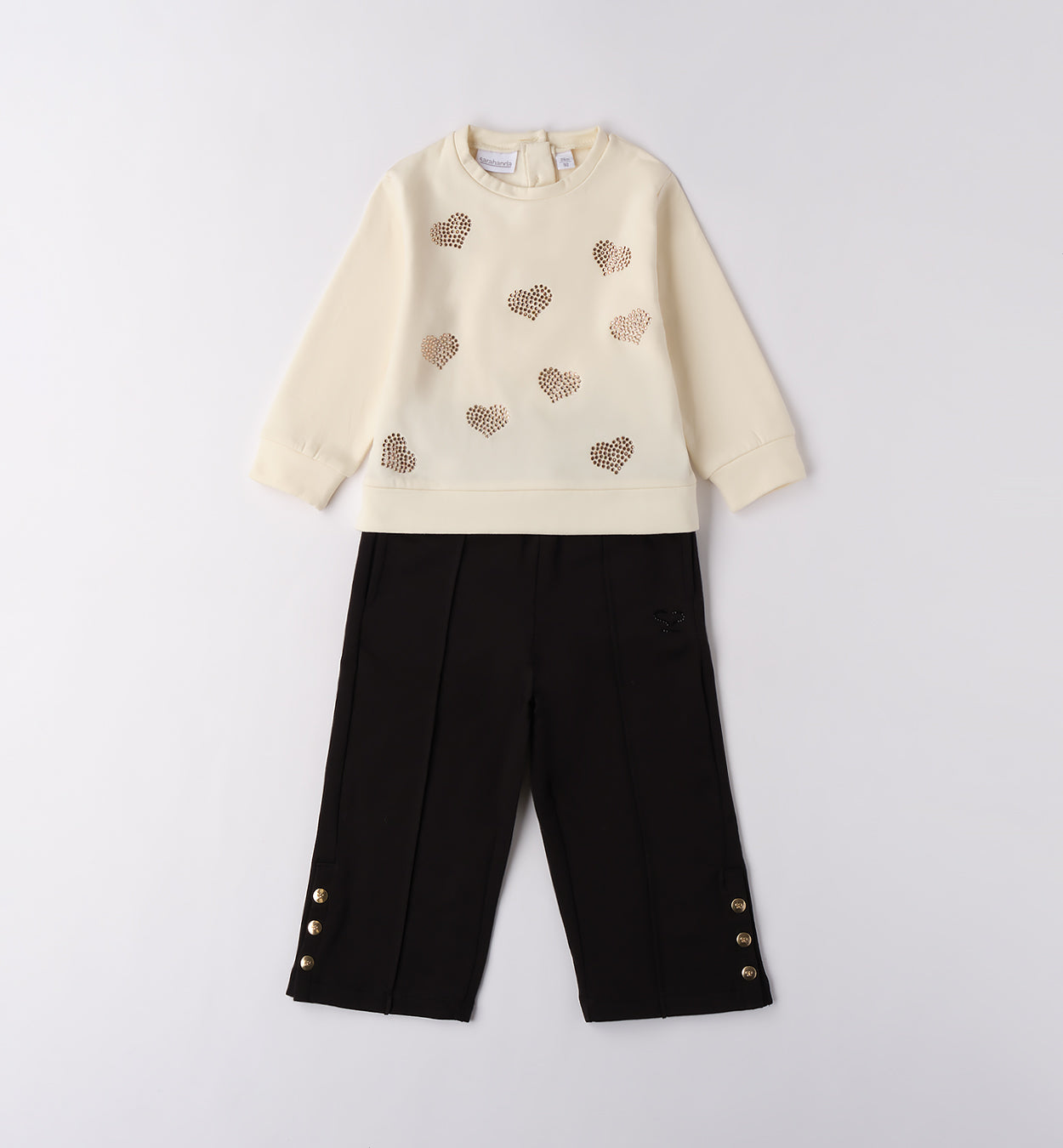 Completo bambina elegante con maglia panna cuori strass e pantalone nero