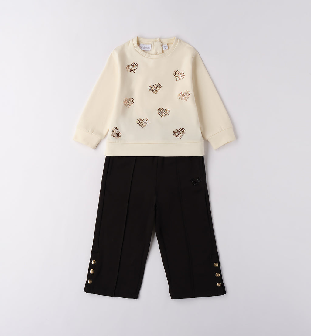 Completo bambina elegante con maglia panna cuori strass e pantalone nero