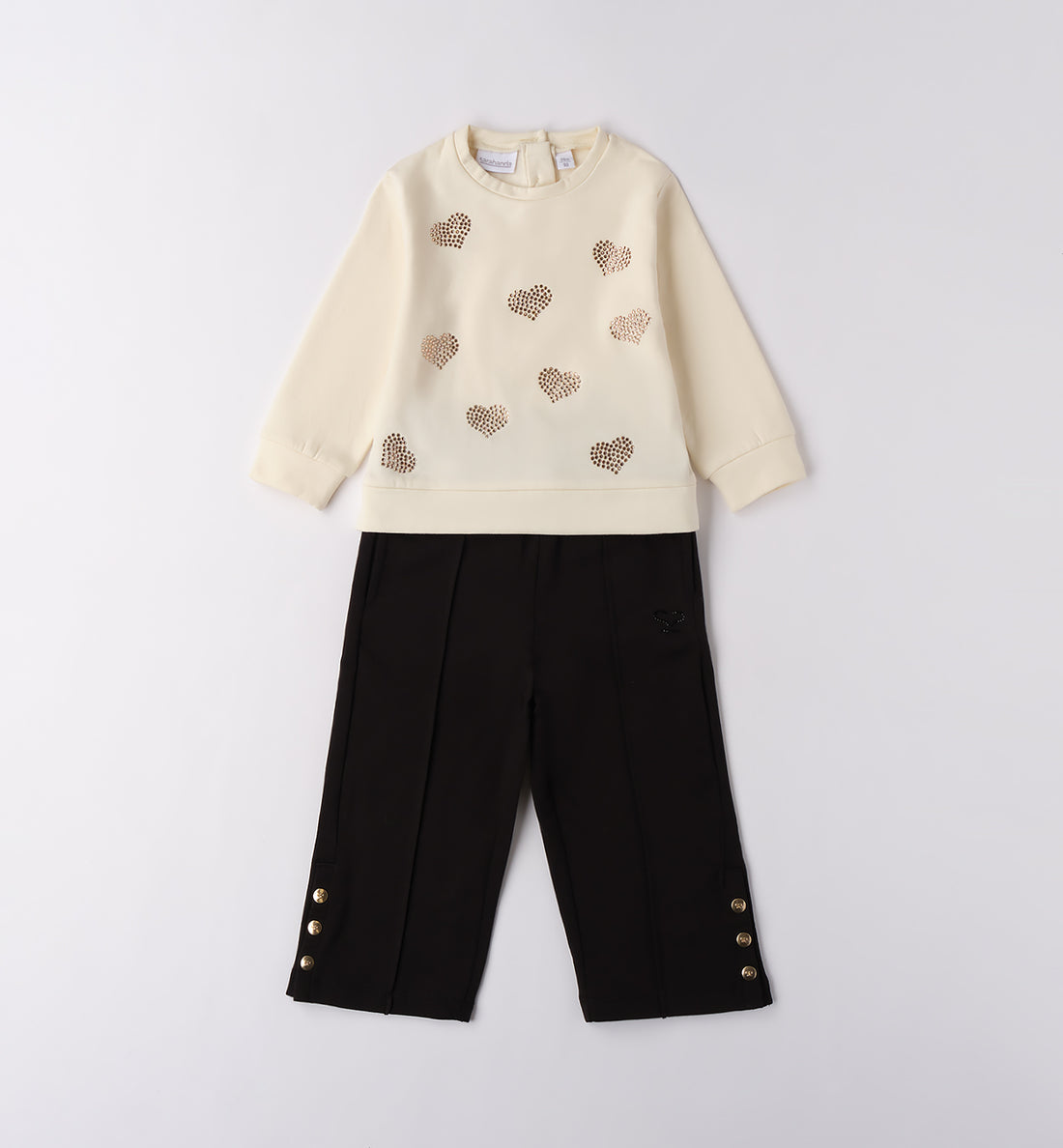 Completo bambina elegante con maglia panna cuori strass e pantalone nero