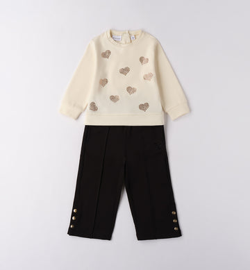 Completo bambina elegante con maglia panna cuori strass e pantalone nero