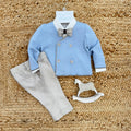Completo battesimo neonato celeste e beige con giacca doppiopetto