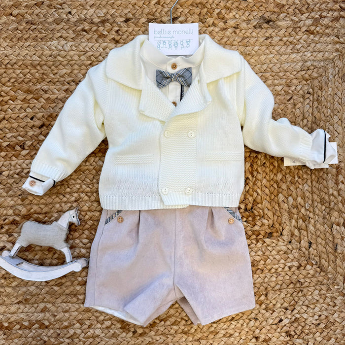 Completo battesimo neonato velluto sabbia con cardigan panna