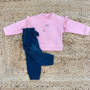 Completo bimba con felpa rosa ricamata e pantaloni jogger denim