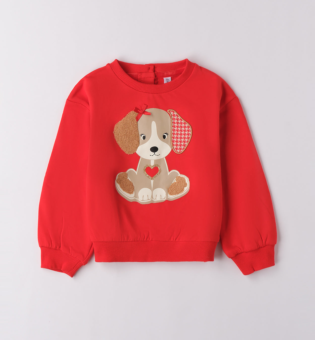 Completo bimba rosso con felpa e pantaloni coordinati visto sul retro