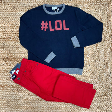 Completo bimbo blu e rosso con maglia “#LOL” e pantalone coordinato