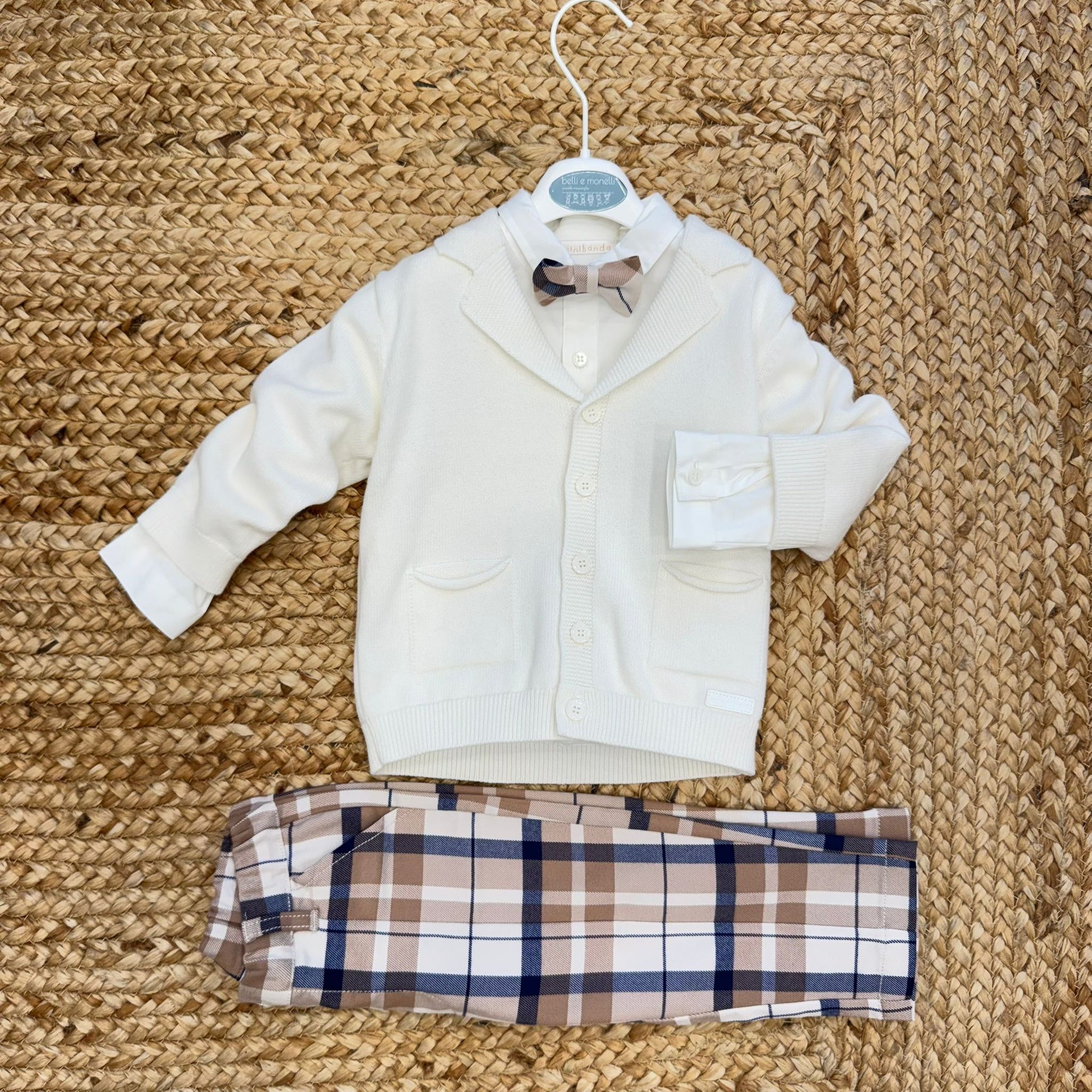 Completo bimbo elegante battesimo con cardigan panna e pantalone a quadri